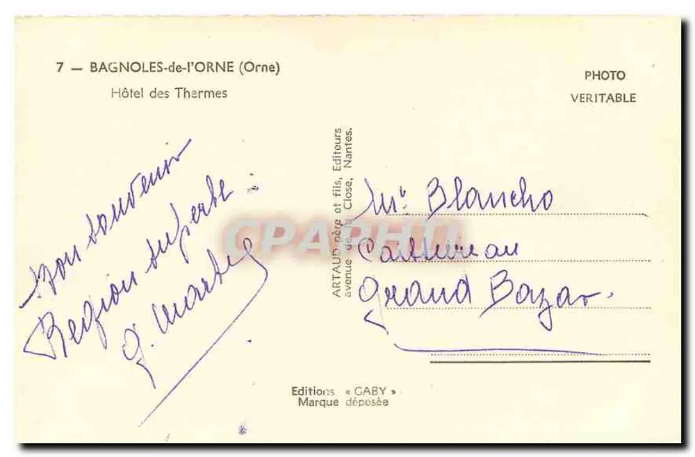Hôtel des Thermes — Bagnolles-de-l'Orne — Éditeur Artau & Fils, Nantes - Verso