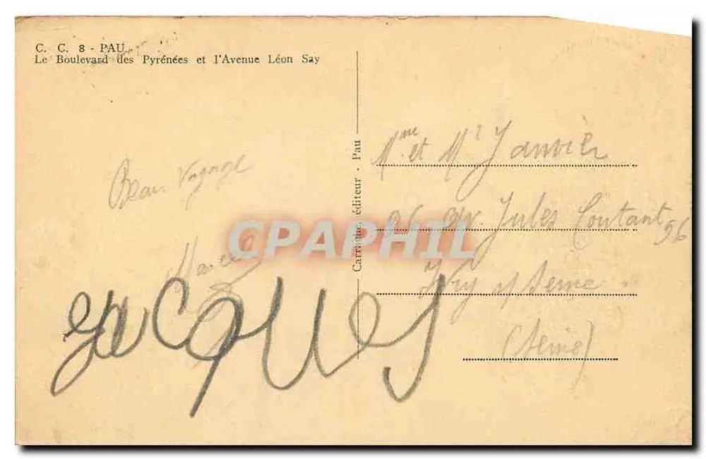 Le Boulevard des Pyrénées et l'Avenue Léon Say — Pau — éditeur Carnot - Verso