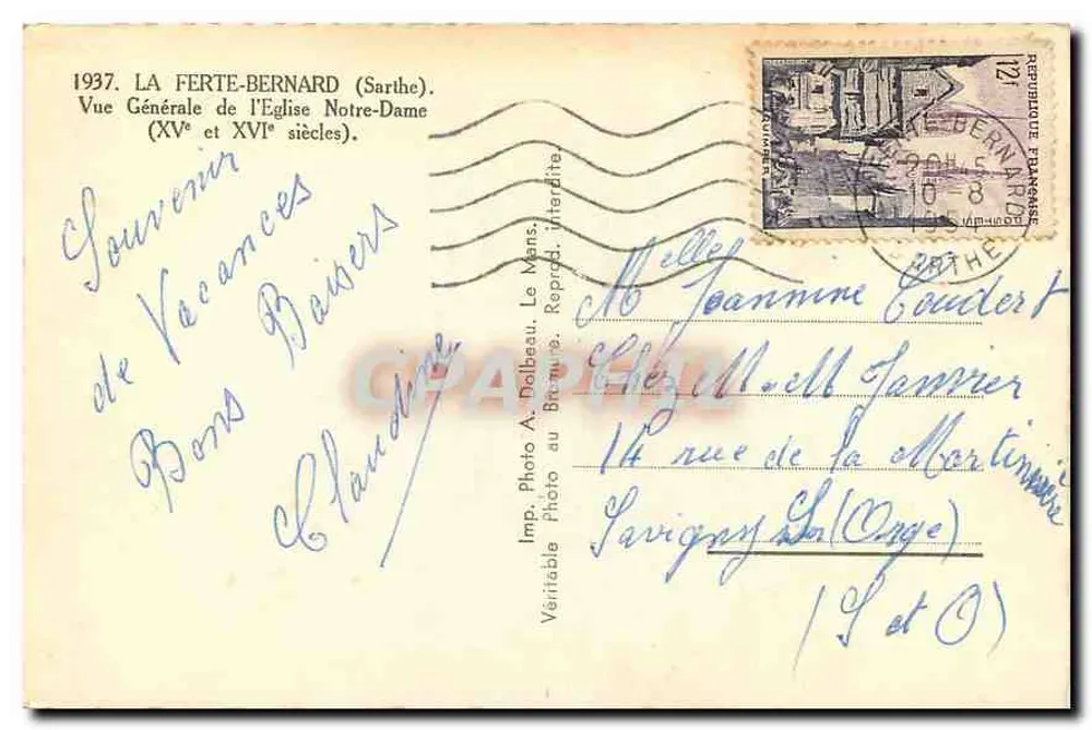 La Ferte-Bernard (Sarthe) — Allgemeiner Blick auf die Kirche Notre-Dame (15. und 16. Jahrhundert) — Imp. Photo A. Dolbeau, Le Mans - Rückseite