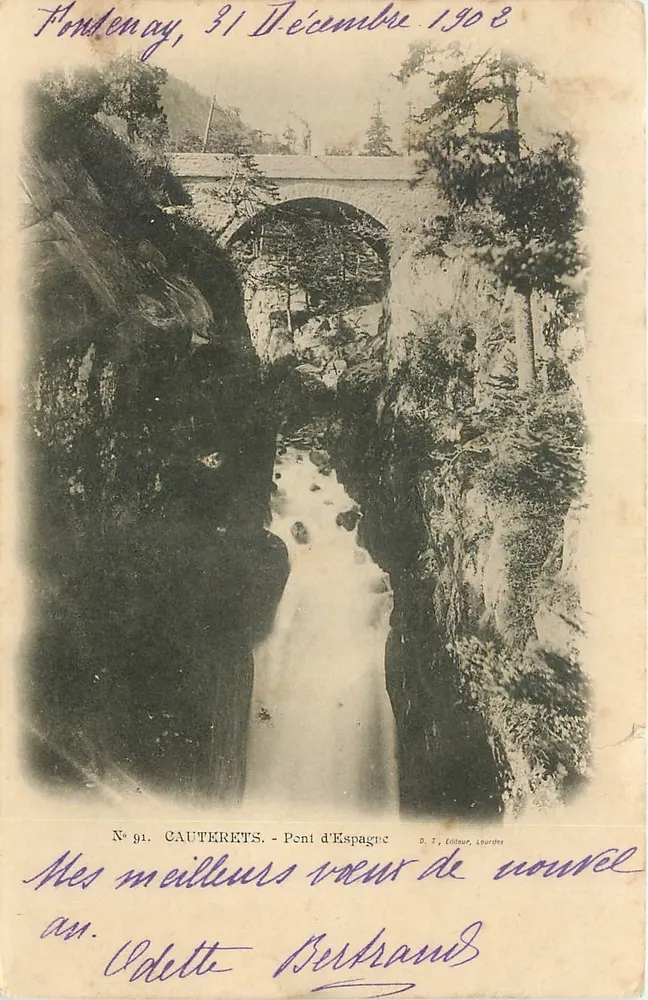 Cauterets - Pont da Espanha — editor D. T., Lourdes, n° 91 - Frente