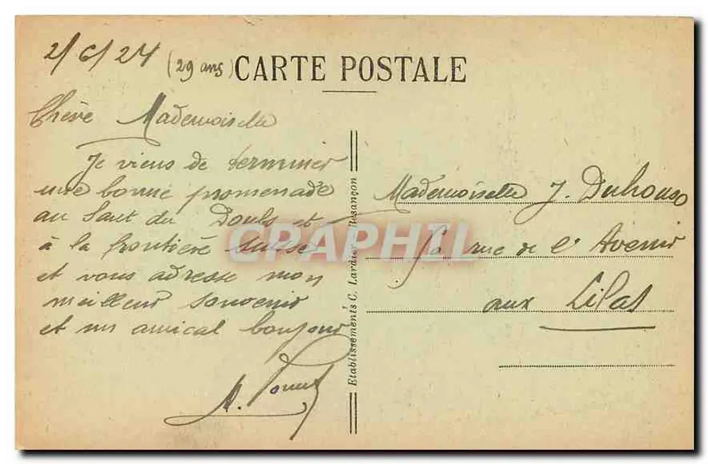 Die Fälle des DOUBS nach der Sturzstelle — Grenze Frankreich-Schweiz — C.L.B. n° 836 - Rückseite
