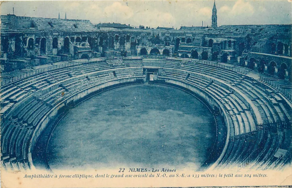 Nîmes - Les Arènes — Amphitéatro elíptico, grande eixo 133 m, pequeno eixo 104 m — editor Debret-Jumas, n° 22 - Frente