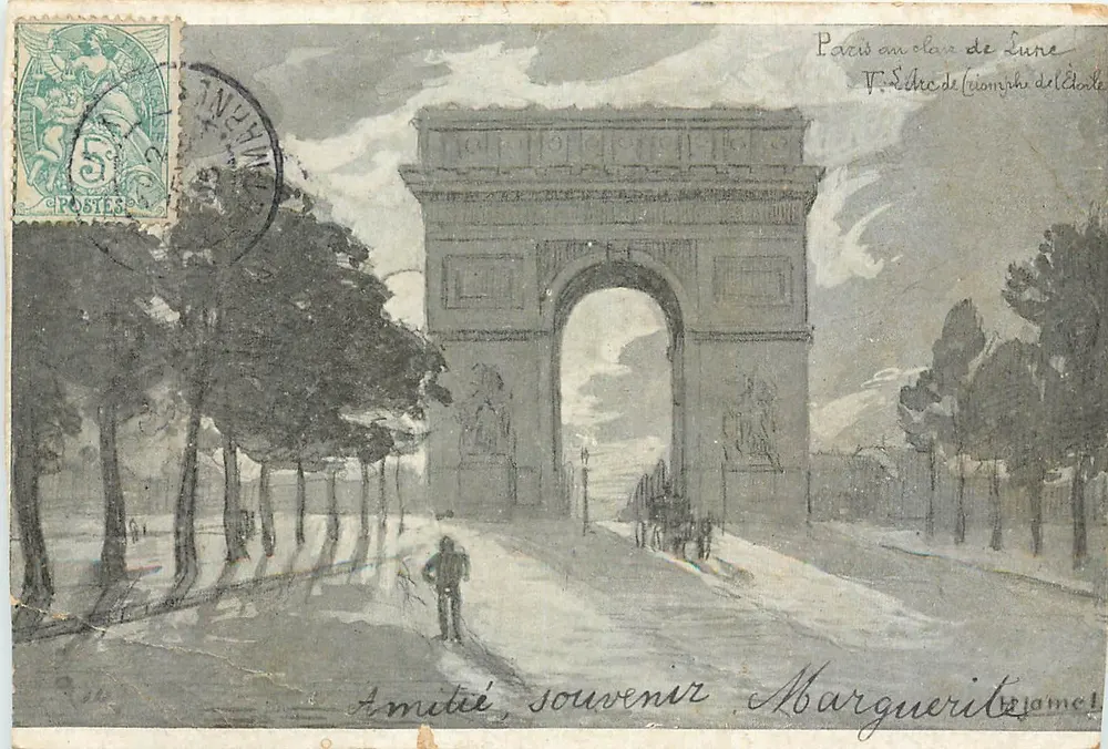 Paris au clair de lune — Arc de Triomphe, dessin à l'encre — éditeur T. Étienne de l'École de l'École - Awers