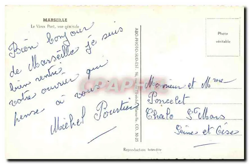 Marseille — Le Vieux Port, vue générale — ABO-PHOTO-SUB-EST, 96, rue de l'Échelle, Marseille - Verso