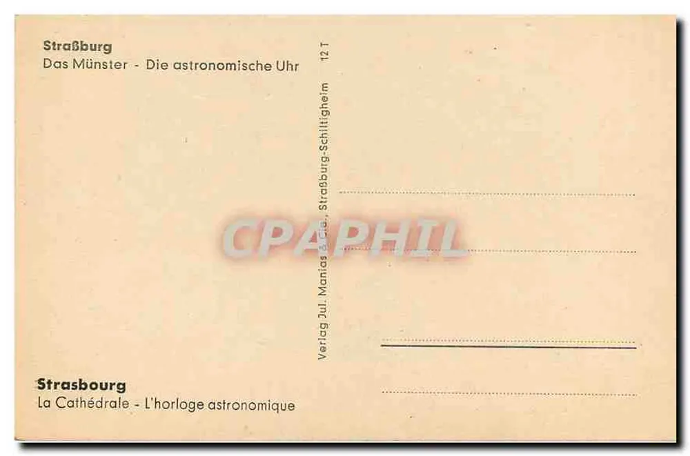 Strasbourg - La cathédrale - L'horloge astronomique — Verlag Jul. Marias & Cie, Strasbourg - Verso