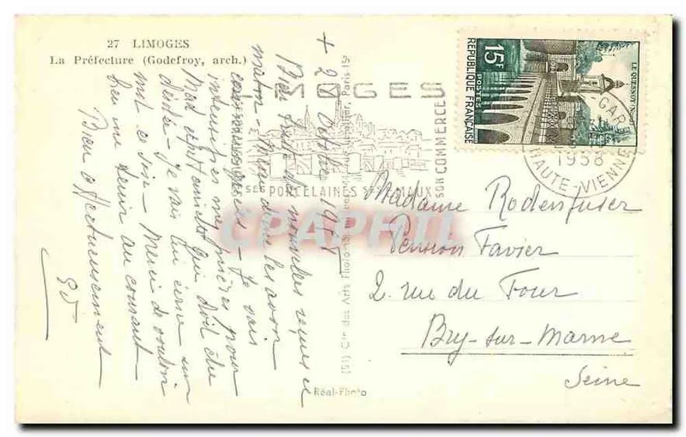 A Prefeitura da Alta Vienne — Limoges — editor C.P. (C.P. Real-Photo) - Verso