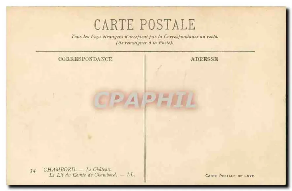 Le Lit du Comte de Chambord — Le Château — Carte Postale de Luxe n°34 - Verso
