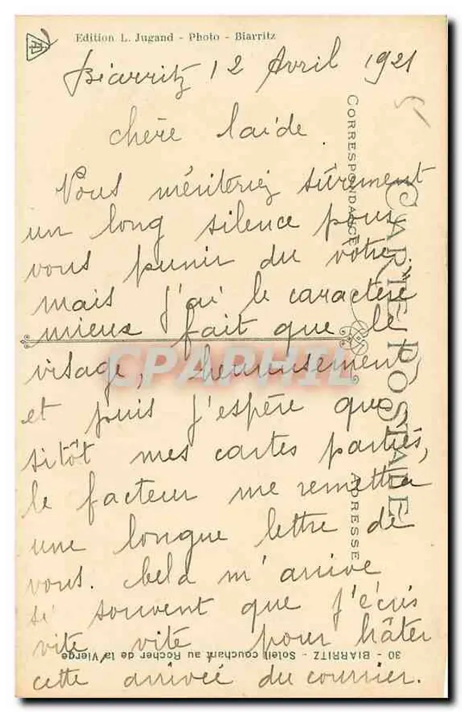 Biarritz - Rocher de la Vierge — Édition L. Jugand, série 30 - Verso