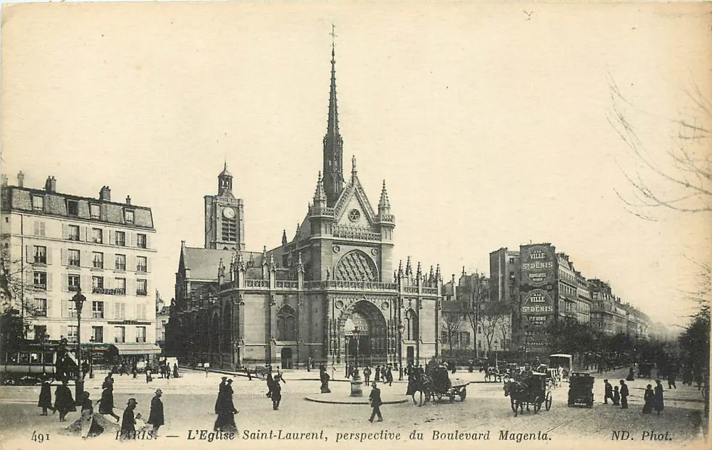 Paris — L'Église Saint-Laurent, perspective du Boulevard Magenta — ND. Phot. - Recto