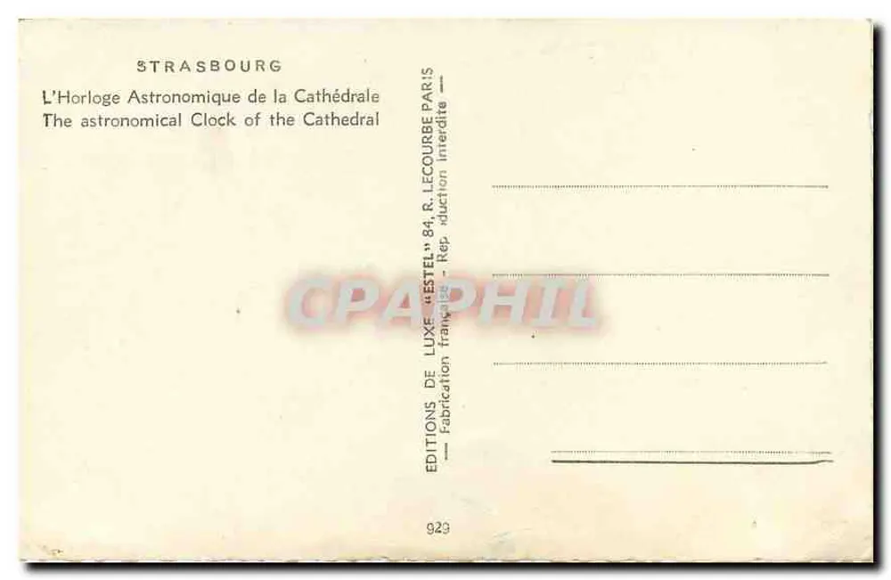 Strasbourg — L'Horloge Astronomique de la Cathédrale — Éditions R. Lecourbe, Paris - Verso