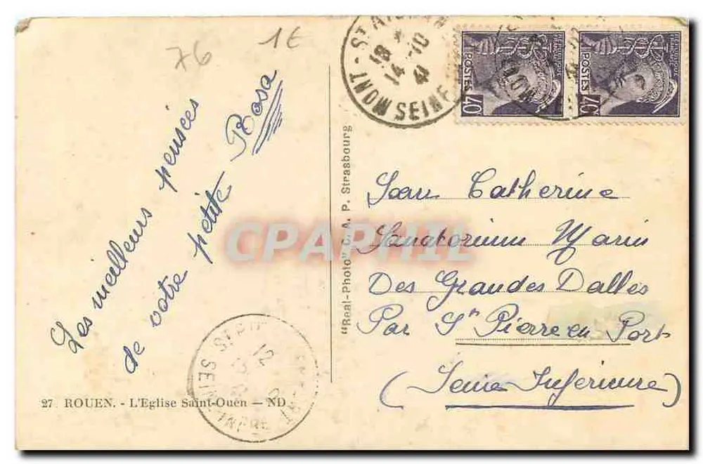 Church of Saint-Ouen — Rouen — publisher 'Real-Photo' P. Strasbourg, no. 27 - Back