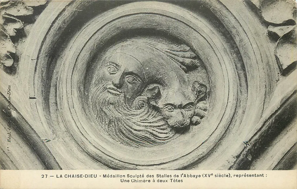 La Chaise-Dieu — Geschnitztes Medaillon der Kirchenbänke der Abtei (15. Jahrhundert), darstellend eine Chimäre mit zwei Köpfen — Verlag Béat, Nr. 27 - Vorderseite