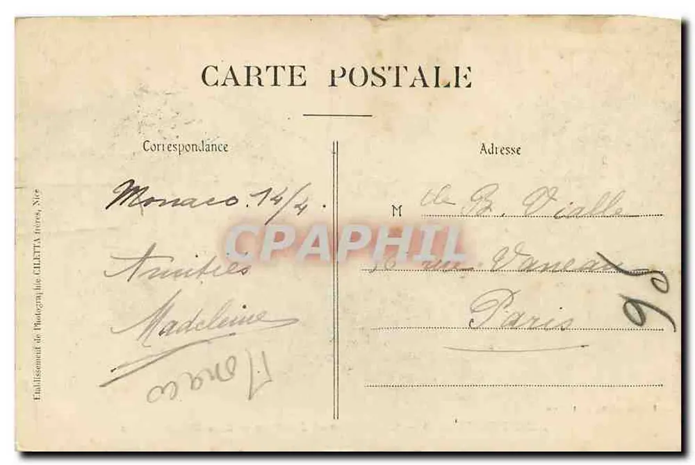 Monte-Carlo — Das Casino und die Gärten — Les Boulingrins — Edition Gilletta, phot., Nice, n° 788 - Rückseite