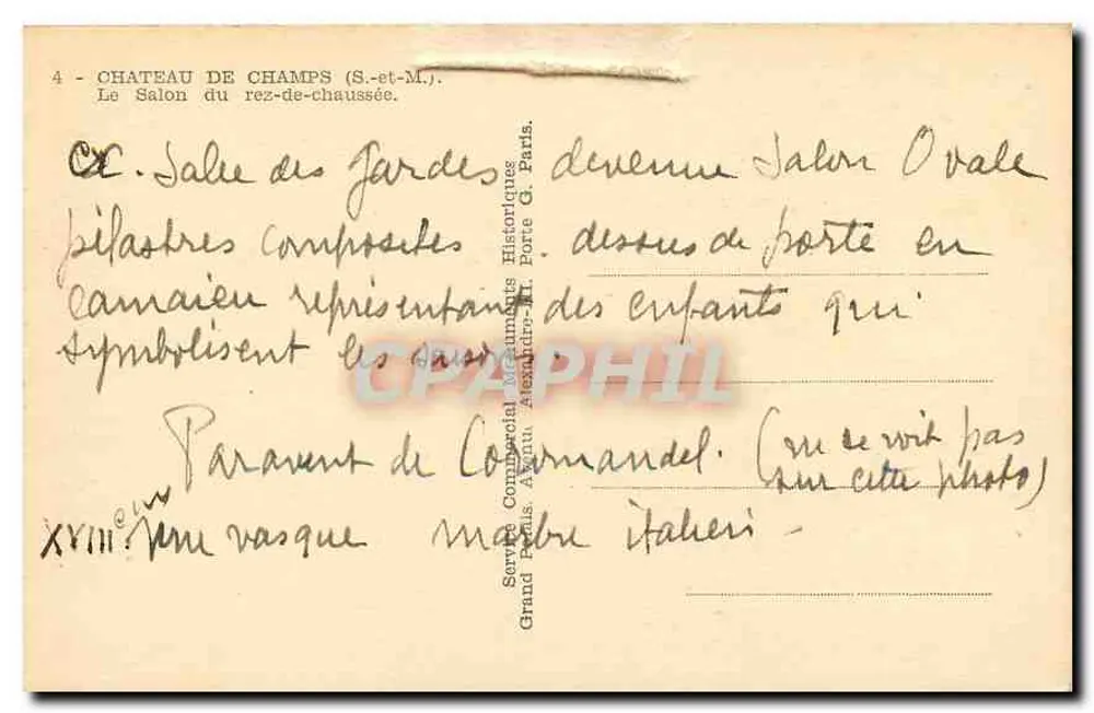 Schloss Champs (S.-et-M.) — Erdgeschoss-Salon, jetzt Ovaler Salon — Verlag G. Paris - Rückseite