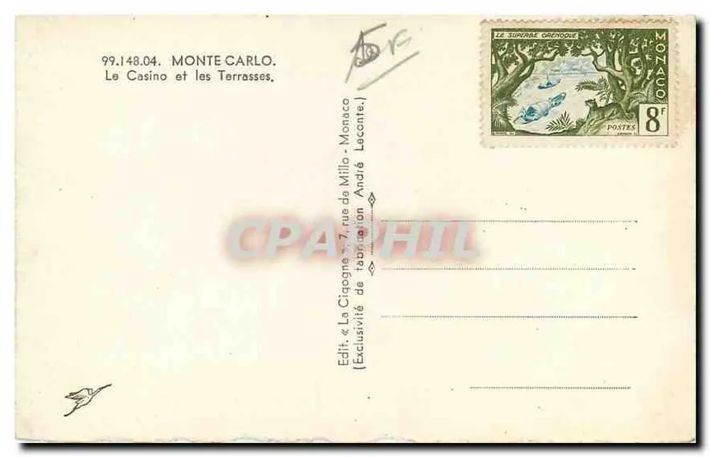 O Casino de Monte-Carlo — Mônaco — Editor La Cigogne - Verso
