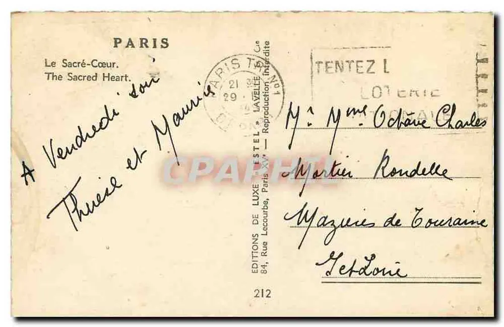 Sacré-Cœur de Montmartre — Paris — Éditions de Luxe Estel, n°212 - Verso