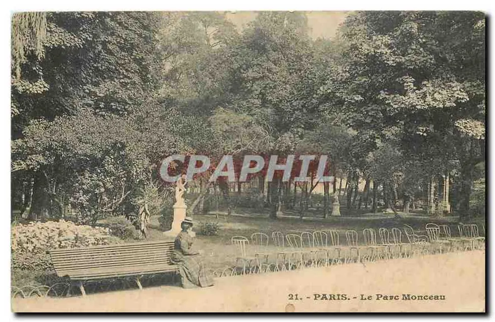 Paris - O Parc Monceau — vista do parque com estátua e banco — editor não identificado, n° 21 - Frente