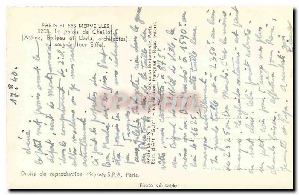 Paris und seine Wunder — Ansicht unter der Eiffelturm — Verlag GUY, Nr. 3238 - Rückseite