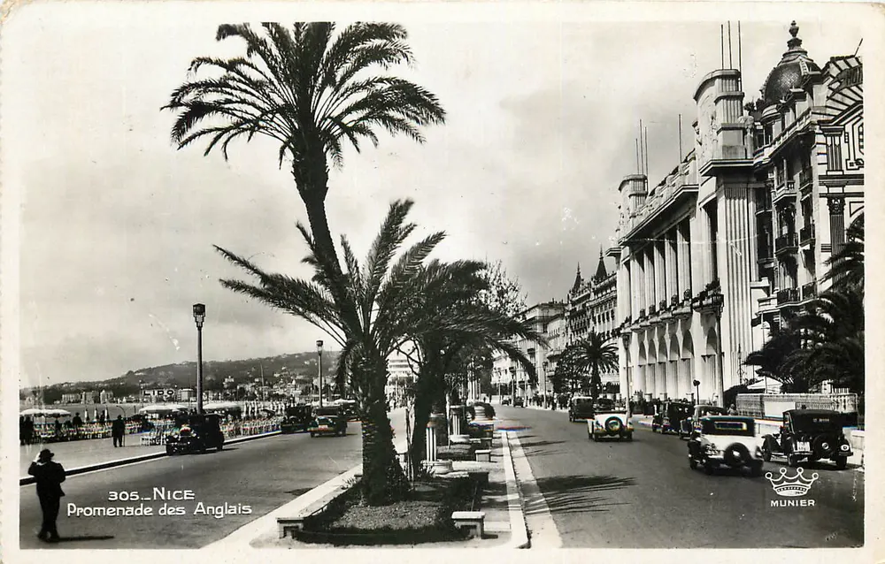 Nice - Promenade des Anglais — vista com palmeiras e carros da época — edição Munier n°305 - Frente