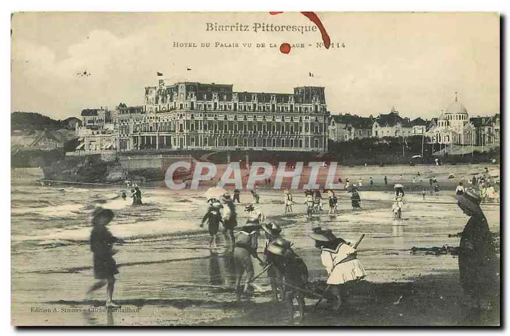 Biarritz Pittoresque — Hotel du Palais von der Strandseite gesehen — Édition A. Simons, Litché-Cartailhac — N°114 - Vorderseite