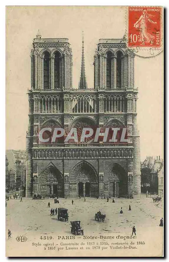 PARIS — Notre-Dame (fachada) — Estilo ogival — Construída de 1163 a 1345, restaurada de 1845 a 1857 por Lassus e em 1879 por Viollet-le-Duc. - Frente