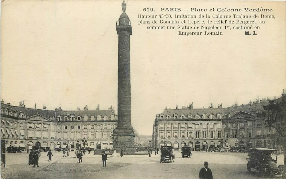 Parigi – Piazza e Colonna Vendôme – Imitazione della Colonna Traiana di Roma, piani di Gondoin e Lepère, sommità una Statua di Napoleone I in abito dell’Imperatore Romano – M. J. - Recto