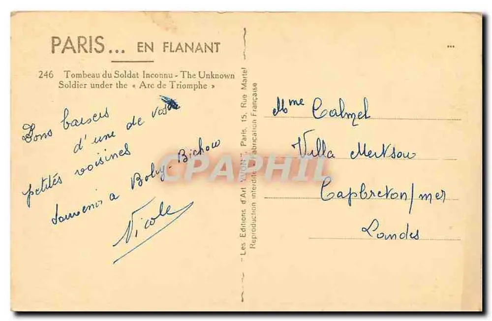 Tombeau du Soldat Inconnu — Arc de Triomphe — Les Éditions d'Art 'Bichow' n°246 - Verso