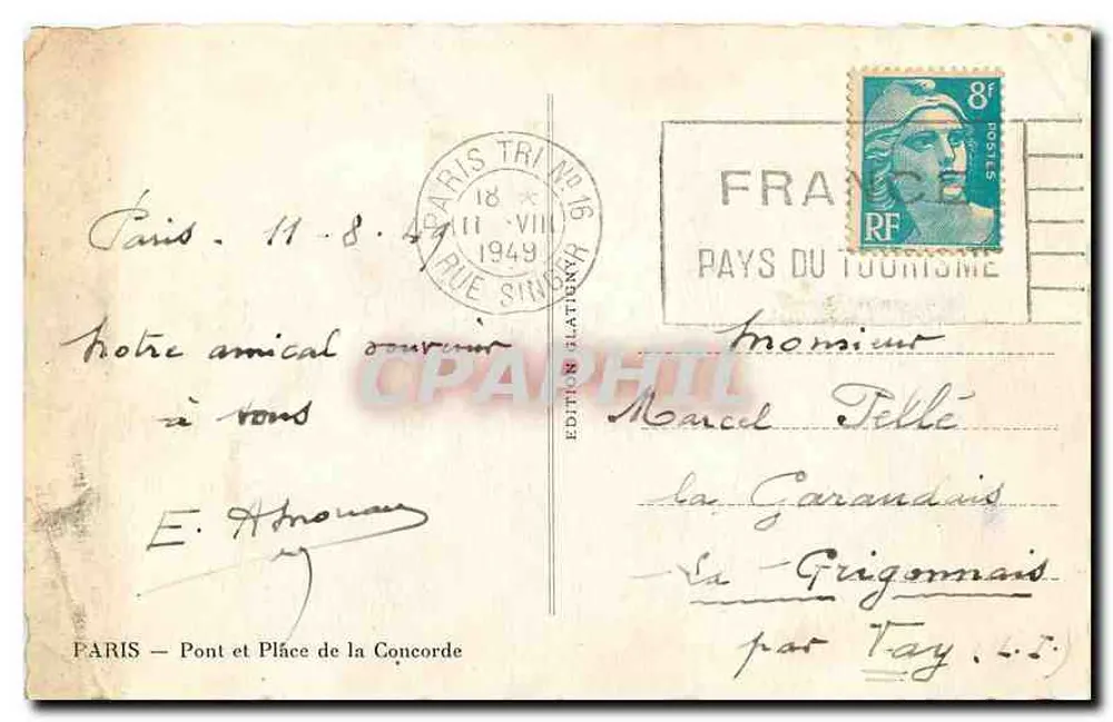 Paris — Ponte e Praça da Concorde — Edição Glatigny - Verso