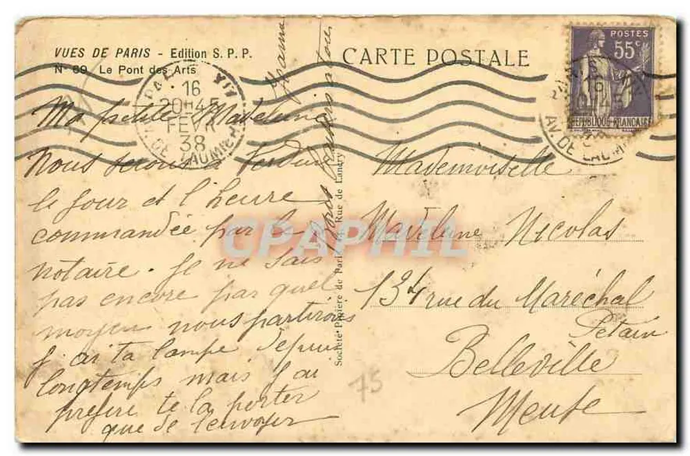 Ponte dos Artes — Paris — Edição S.P.P. N° 89 - Verso