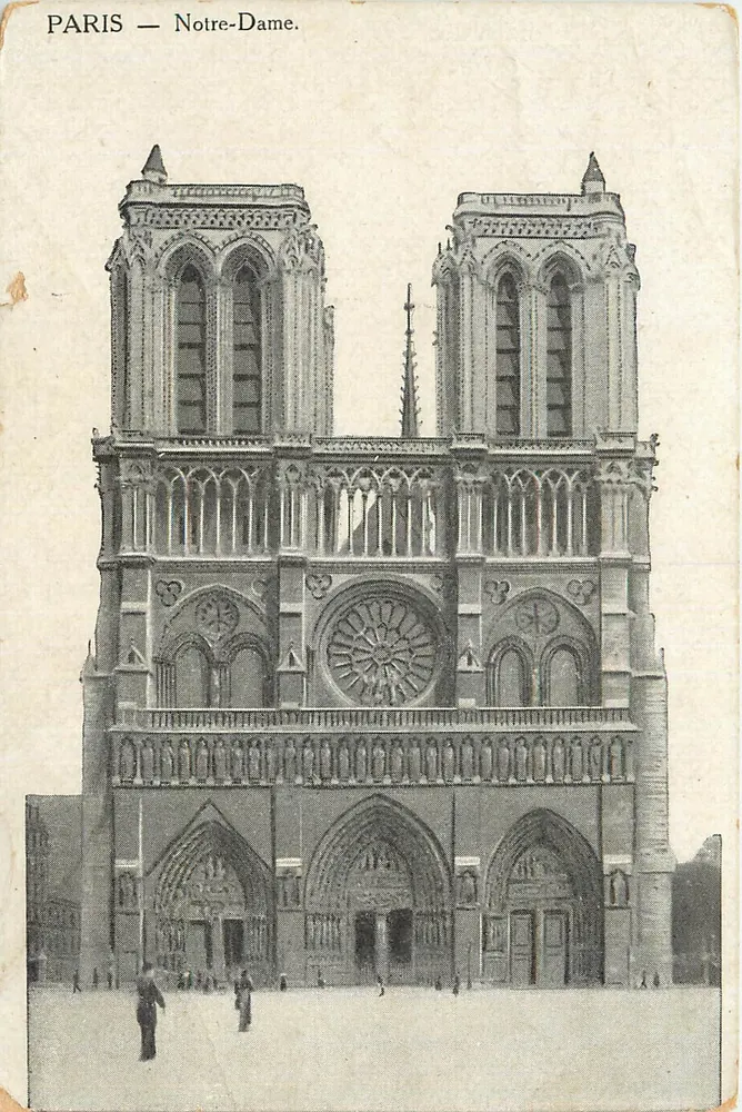 PARIS — Notre-Dame. — Vue de la façade gothique avec rosace centrale et deux tours, éditeur 'PARIS — Notre-Dame.' imprimé en haut. - Awers