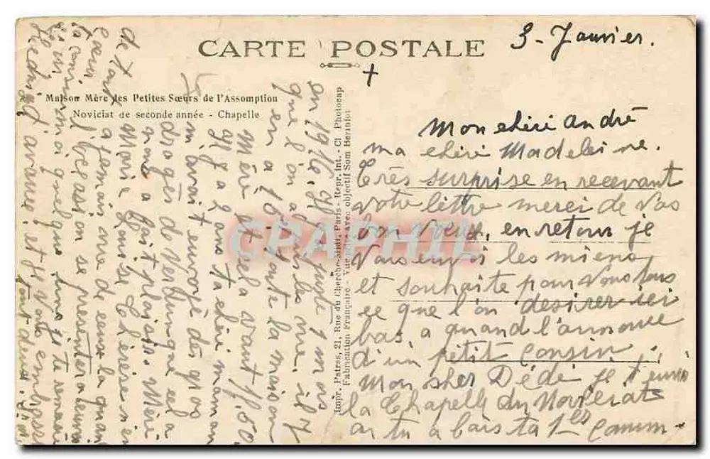 Interior de uma capela — Casa das Pequenas Irmãs da Assunção — editada por Patras - Verso