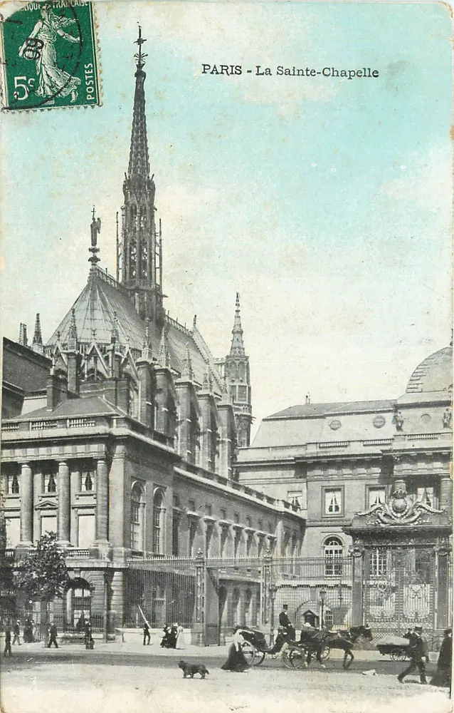 PARIS - A Santa Capela — vista do edifício gótico com carruagem e pedestres — selo de 5 francos - Frente