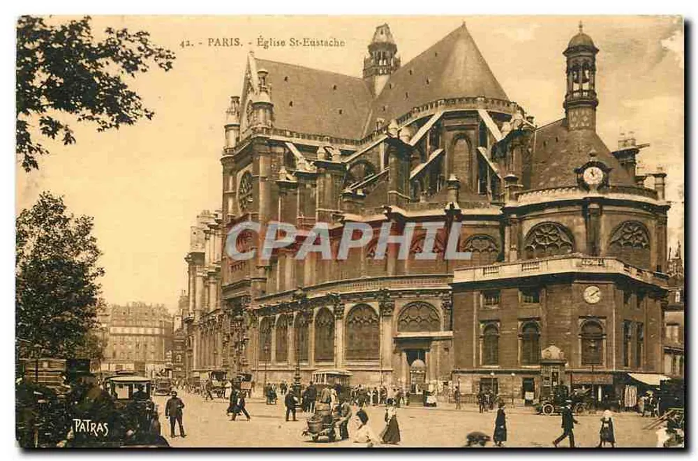 Paris - Igreja de São Eustáquio — vista do edifício com multidão e veículos — editor Patras, n° 44 - Frente