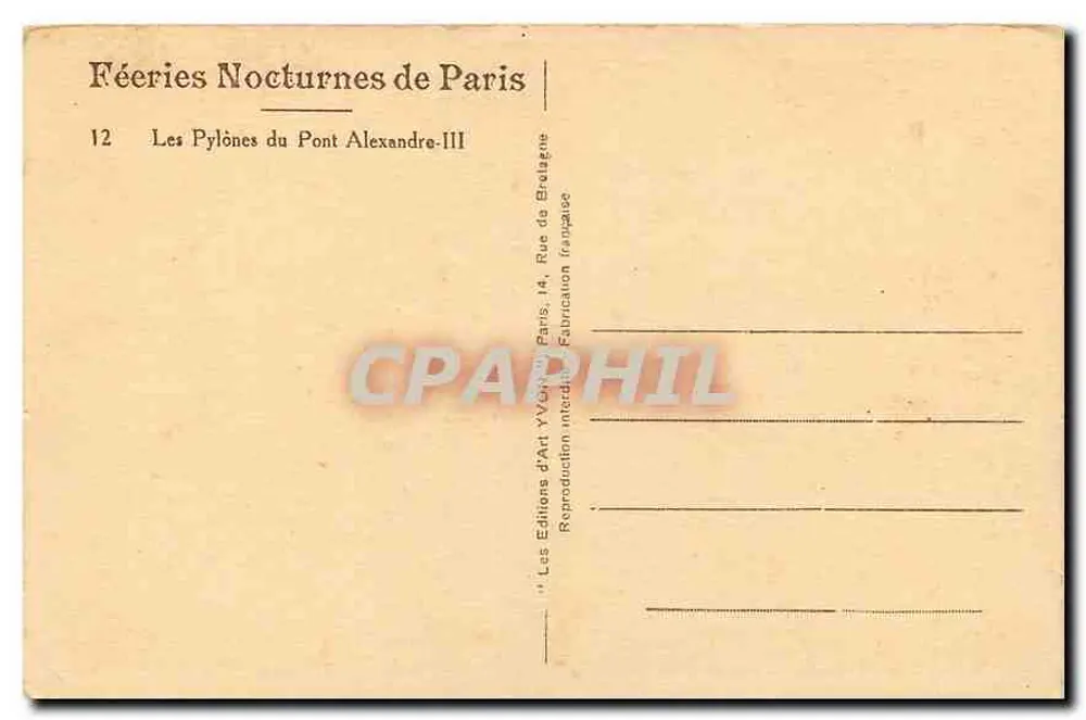 Die Pylons des Alexandre-III-Brücke — Nachtträume von Paris — Éditions d'Art Yvon - Rückseite
