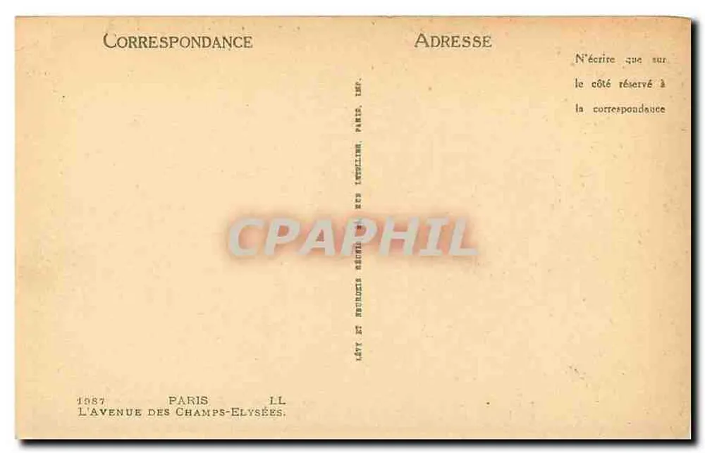 Champs-Élysées — vista em direção ao Arco do Triunfo — editor Lévy et Frères, n° 1087 - Verso
