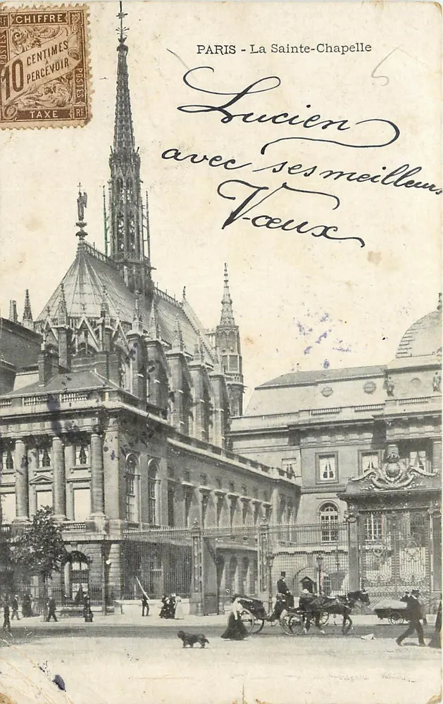 Paris - A Santa Capela — vista do edifício com carruagem e pedestres — editor Schifffre, número de série não visível - Frente