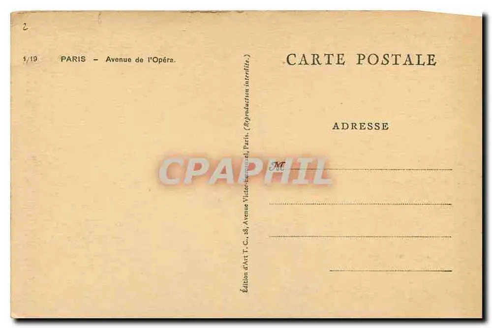 Paris — Avenida da Ópera — Edição d'Art T.C., Paris - Verso