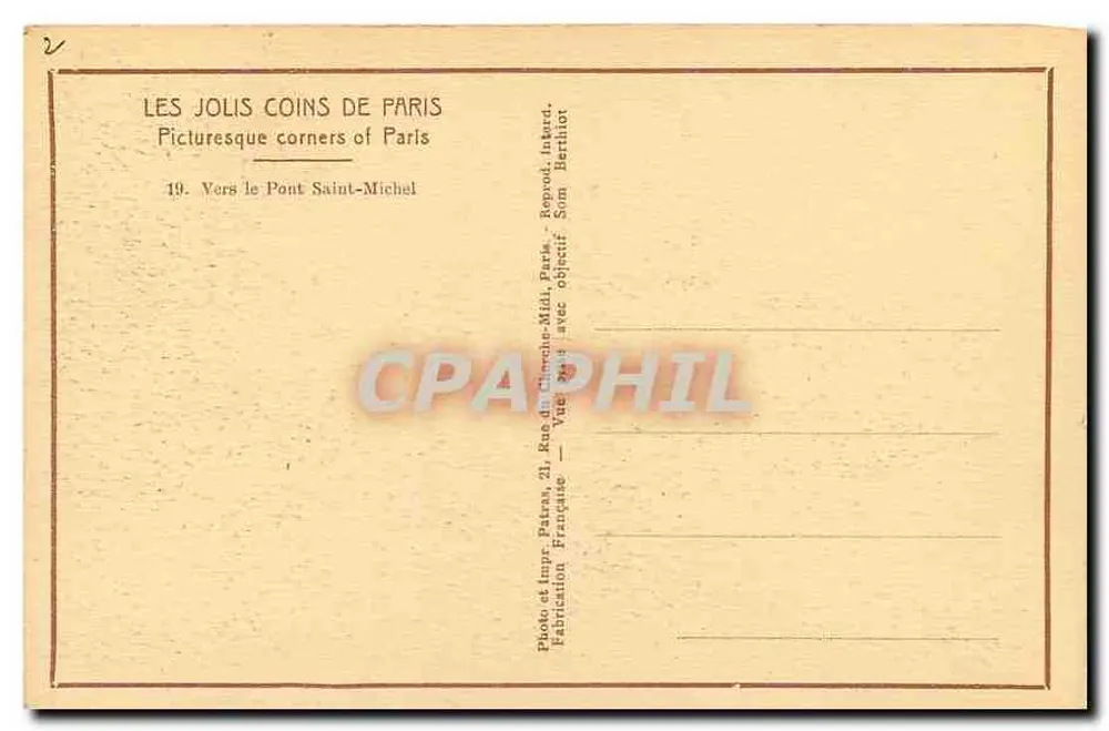 Vers le Pont Saint-Michel — Paris — Éditeur Patras, n°19 - Verso