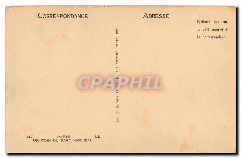 Um canto do Parc Monceau — Paris — editor LL, n° 317 - Verso