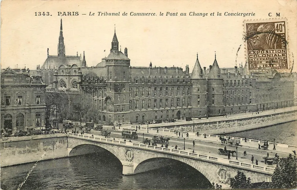 Paris — Das Handelsgericht, die Pont au Change und die Conciergerie — C M - Vorderseite