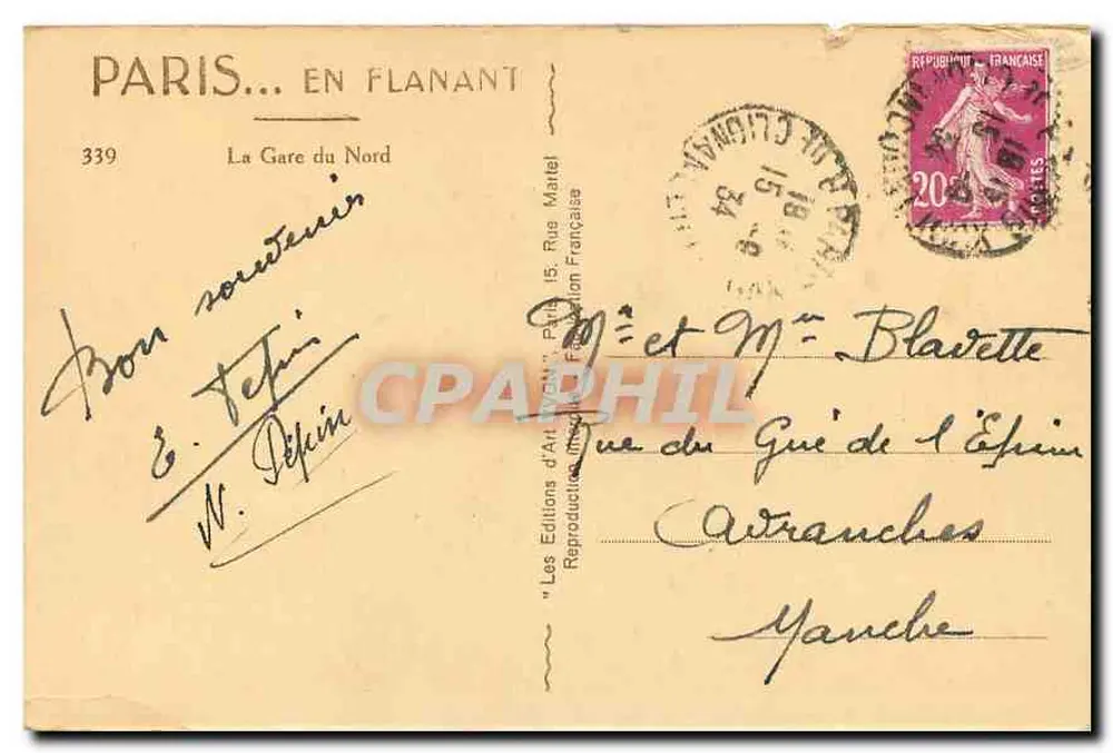 La Gare du Nord — Paris — Éditions d'Art Français, n° 339 - Verso