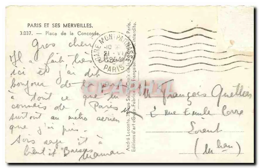 Place de la Concorde — Paris — Éditions André Leconte, n° 3.037 - Verso