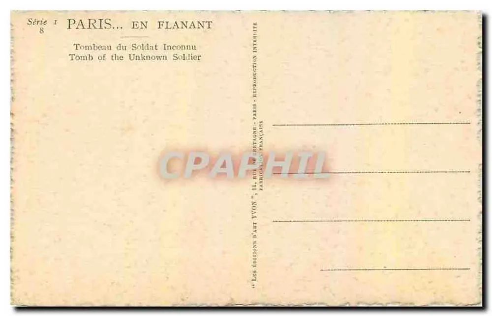 Tombeau du Soldat Inconnu — Paris — Éditeur Yvon, Série 8 - Verso