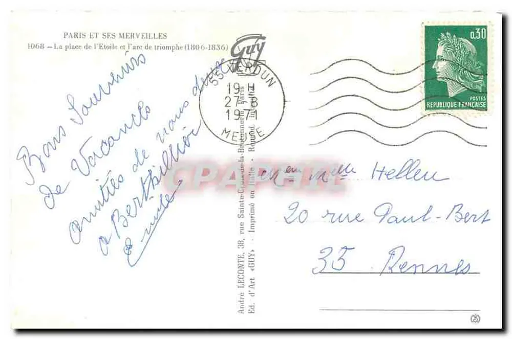 Paris - Arc de Triomphe — Place de l'Étoile — Éditeur Guy, n° 1068 - Rückseite
