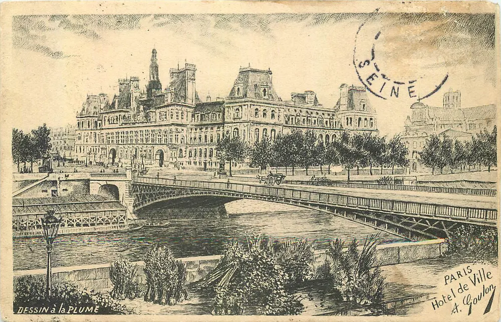 Hôtel de Ville de Paris — vista do rio Sena — desenho a pena por A. Goulon - Frente