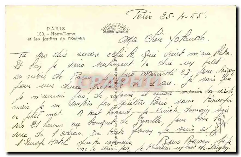 Notre-Dame de Paris — vue depuis les Jardins de l'Évêché — éditeur Chantal, n°100 - Verso