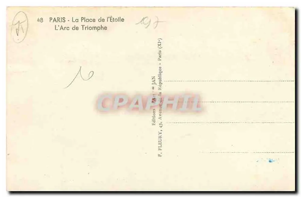 Paris - O Arco do Triunfo — editor JAN, n°48 - Verso
