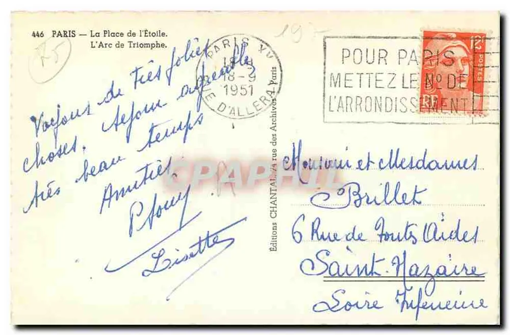 Paris — Arco da Triunfo — Edições Chantal - Verso