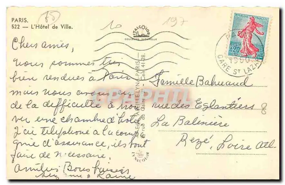 Vista do Hôtel de Ville de Paris — editor Léon Lévy, n° 522 - Verso