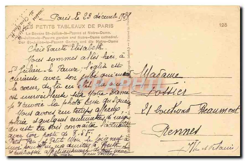 Notre-Dame de Paris — Square Saint-Julien-le-Pauvre — Verlag Mona, Nr. 125 - Rückseite